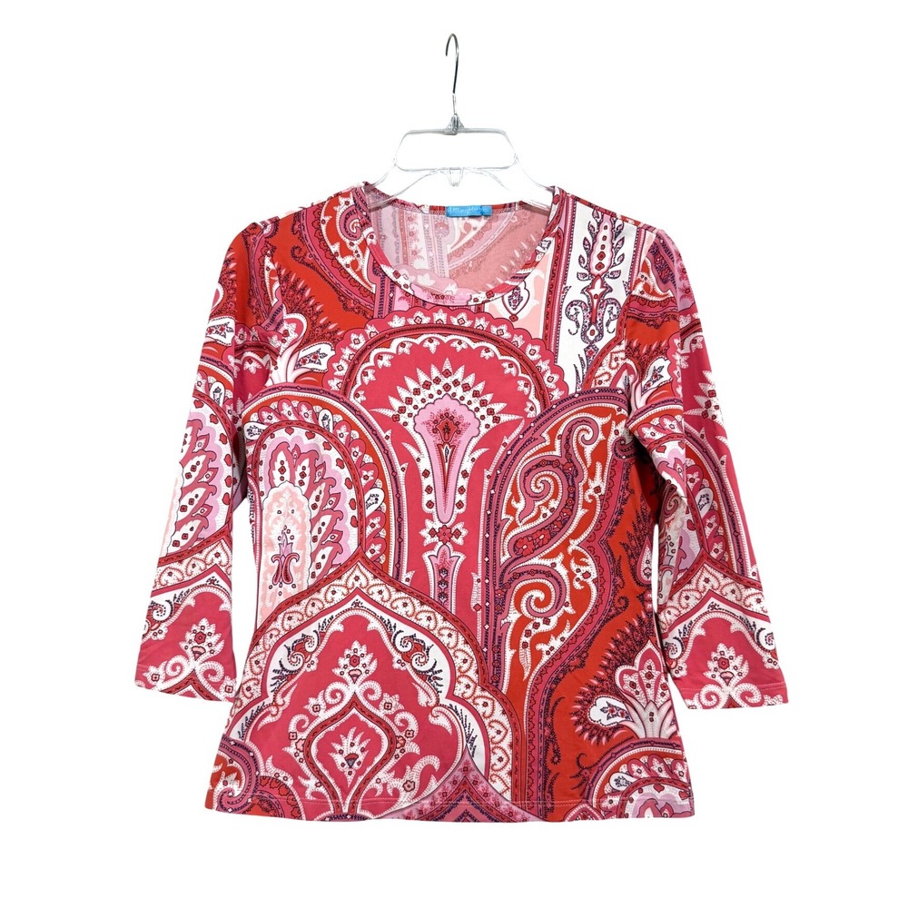 J.McLaughlin XS Red Pink Paisley Catalina Cloth 3/4 Sleeve Top Made in USA